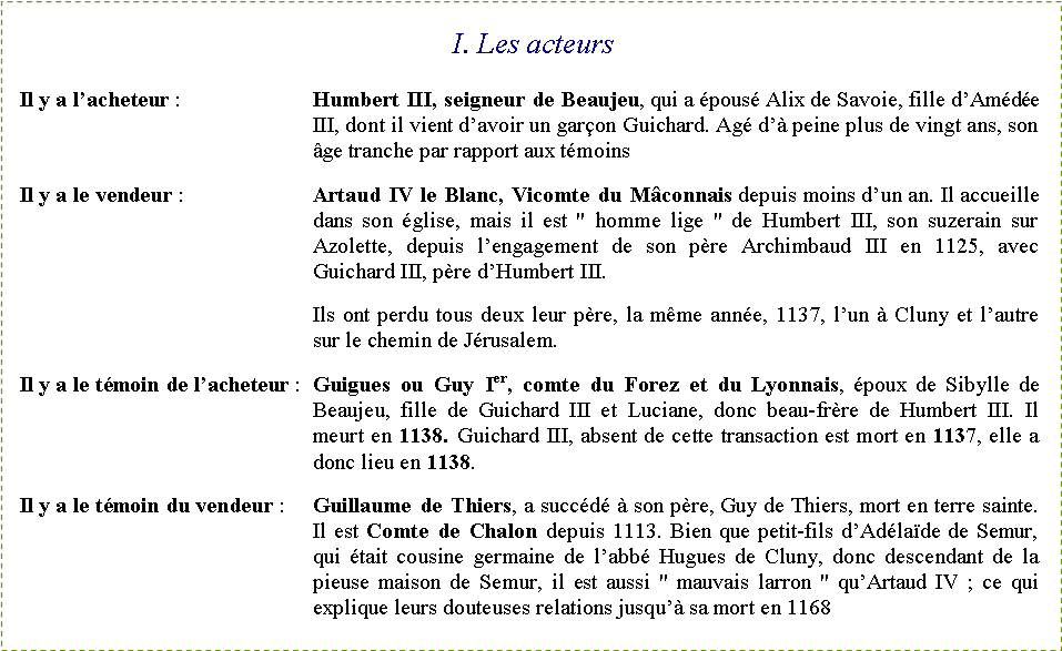Zone de Texte: I. Les acteursIl y a l�acheteur :	Humbert III, seigneur de Beaujeu, qui a �pous� Alix de Savoie, fille d�Am�d�e III, dont il vient d�avoir un gar�on Guichard. Ag� d�� peine plus de vingt ans, son �ge tranche par rapport aux t�moinsIl y a le vendeur :	Artaud IV le Blanc, Vicomte du M�connais depuis moins d�un an. Il accueille dans son �glise, mais il est "&nbsp;homme lige&nbsp;" de Humbert III, son suzerain sur Azolette, depuis l�engagement de son p�re Archimbaud III en 1125, avec Guichard III, p�re d�Humbert III.Ils ont perdu tous deux leur p�re, la m�me ann�e, 1137, l�un � Cluny et l�autre sur le chemin de J�rusalem.Il y a le t�moin de l�acheteur&nbsp;:	Guigues ou Guy Ier, comte du Forez et du Lyonnais, �poux de Sibylle de Beaujeu, fille de Guichard III et Luciane, donc beau-fr�re de Humbert III. Il meurt en 1138. Guichard III, absent de cette transaction est mort en 1137, elle a donc lieu en 1138.Il y a le t�moin du vendeur&nbsp;:	Guillaume de Thiers, a succ�d� � son p�re, Guy de Thiers, mort en terre sainte. Il est Comte de Chalon depuis 1113. Bien que petit-fils d�Ad�la�de de Semur, qui �tait cousine germaine de l�abb� Hugues de Cluny, donc descendant de la pieuse maison de Semur, il est aussi "&nbsp;mauvais larron&nbsp;" qu�Artaud IV ; ce qui explique leurs douteuses relations jusqu�� sa mort en 1168&nbsp;