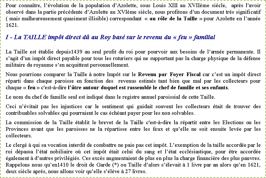 Zone de Texte: Pour conna�tre, l��volution de la population d�Azolette, sous Louis XIII au XVII�me si�cle,  apr�s l�avoir observ� dans la partie pr�c�dente d�Azolette au XVI�me si�cle, nous profitons d�un document tr�s significatif( mais malheureusement quasiment illisible) correspondant &nbsp;�&nbsp;au r�le de la Taille&nbsp;� pour Azolette en l�ann�e 1621.I - La TAILLE imp�t direct d� au Roy bas� sur le revenu du �&nbsp;feu&nbsp;� familialLa Taille est �tablie depuis1439 au seul profit du roi pour pourvoir aux besoins de l�arm�e permanente. Il s�agit d�un imp�t direct payable pour tous les roturiers qui ne supportant pas la charge physique de la d�fense militaire du royaume s�en acquittent personnellement.Nous pourrions comparer la Taille � notre Imp�t sur le Revenu par Foyer Fiscal car c�est un imp�t direct r�parti dans chaque paroisse en fonction des  revenus estim�s tant bien que mal par les collecteurs pour  chaque �&nbsp;feu&nbsp;� c'est-�-dire l��tre autour duquel est rassembl� le chef de famille et ses enfants.Le nom du chef de famille seul est indiqu� dans le registre annuel paroissial de cette Taille.Ceci n��vitait pas les injustices car le sentiment qui guidait souvent les collecteurs �tait de trouver des contribuables solvables qui pourraient le cas �ch�ant payer pour les non solvables.La commission de la Taille �tablit le brevet de la Taille c'est-�-dire la r�partit entre les Elections ou les Provinces avant que les paroisses ne la r�partisse entre les feux et qu�elle ne soit ensuite lev�e par les collecteurs.Le clerg� � qui sa vocation interdit de combattre ne paie pas cet imp�t. L�exemption de la taille accord�e par le roi d�passa l��tat nobiliaire o� cet imp�t �tait celui du sang et l��tat eccl�siastique, pour �tre accord�e �galement � d�autres privil�gi�s. Ces exc�s augmentaient de plus en plus la charge financi�re des plus pauvres. Rappelons nous qu�en1410 le droit de Garde (*) ou Taille d�alors s��levait � 1 livre par an alors qu�en 1621, deux si�cle apr�s, nous allons voir qu�elle s��l�ve � 27 livres.