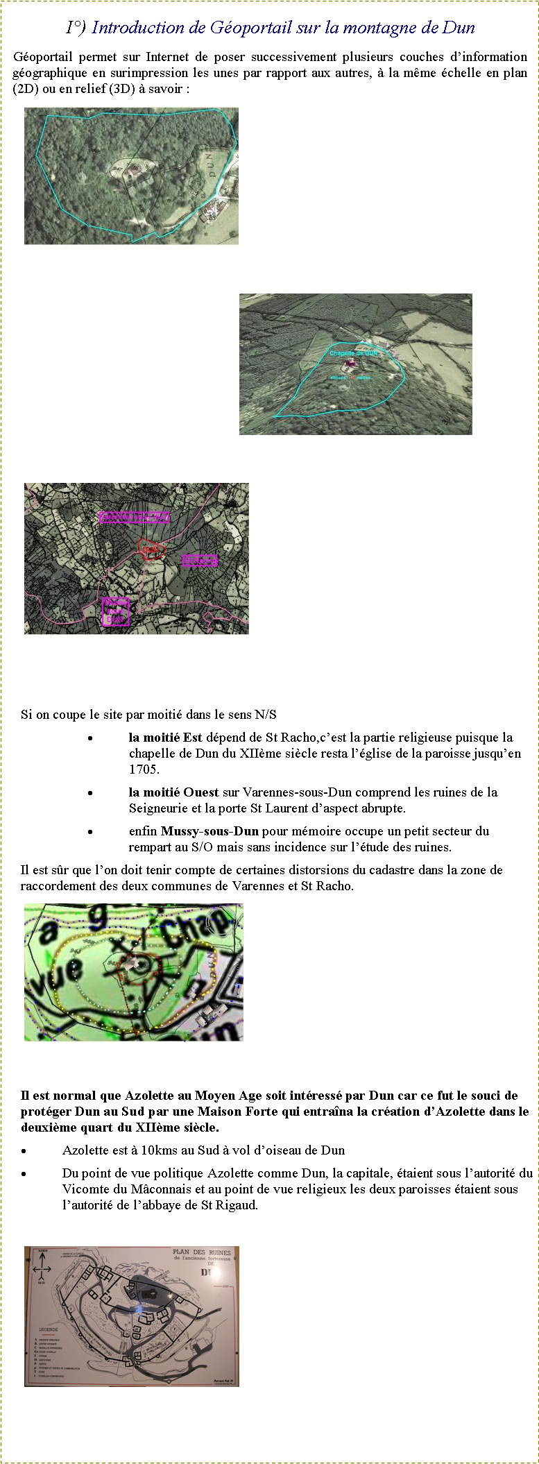 Zone de Texte: I�) Introduction de G�oportail sur la montagne de DunG�oportail permet sur Internet de poser successivement plusieurs couches d�information g�ographique en surimpression les unes par rapport aux autres, � la m�me �chelle en plan (2D) ou en relief (3D) � savoir&nbsp;: ￼￼￼Si on coupe le site par moiti� dans le sens N/S la moiti� Est d�pend de St Racho,c�est la partie religieuse puisque la chapelle de Dun du XII�me si�cle resta l��glise de la paroisse jusqu�en 1705.la moiti� Ouest sur Varennes-sous-Dun comprend les ruines de la Seigneurie et la porte St Laurent d�aspect abrupte.enfin Mussy-sous-Dun pour m�moire occupe un petit secteur du rempart au S/O mais sans incidence sur l��tude des ruines.Il est s�r que l�on doit tenir compte de certaines distorsions du cadastre dans la zone de raccordement des deux communes de Varennes et St Racho.￼Il est normal que Azolette au Moyen Age soit int�ress� par Dun car ce fut le souci de prot�ger Dun au Sud par une Maison Forte qui entra�na la cr�ation d�Azolette dans le deuxi�me quart du XII�me si�cle.Azolette est � 10kms au Sud � vol d�oiseau de DunDu point de vue politique Azolette comme Dun, la capitale, �taient sous l�autorit� du Vicomte du M�connais et au point de vue religieux les deux paroisses �taient sous l�autorit� de l�abbaye de St Rigaud.￼